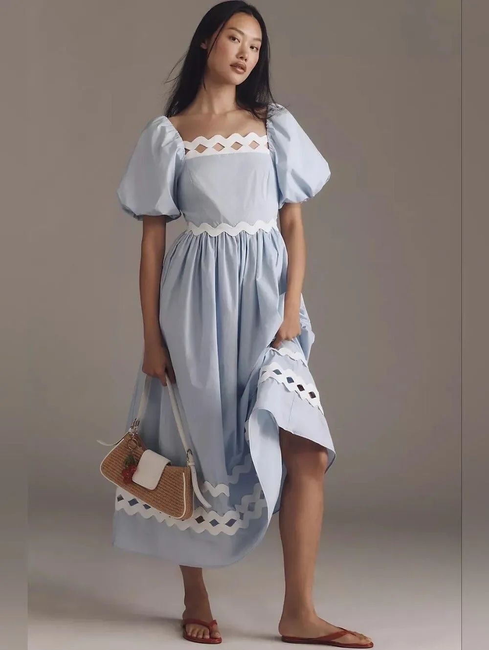 NWT English Factory Blue Rickrack Puff Sleeve Midi Dress Size XS
